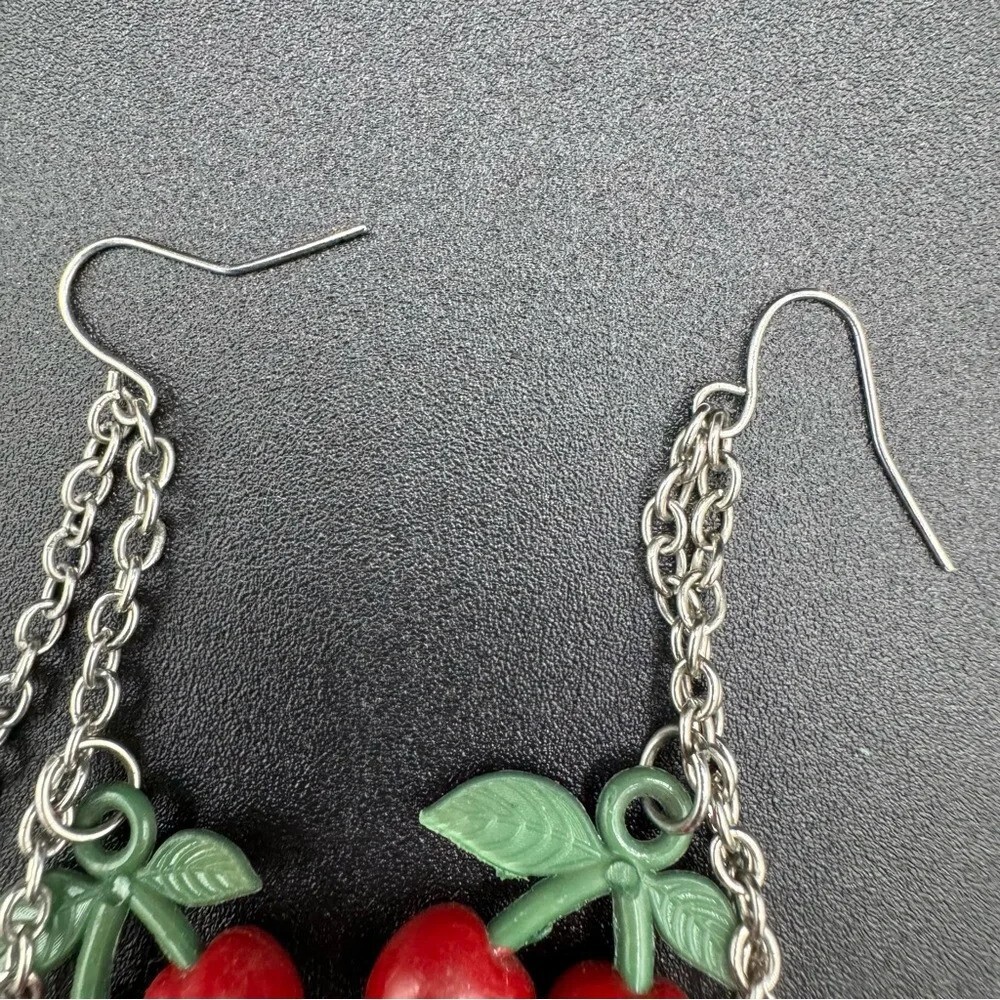 Red Cherry Heart Dangly Earrings 90s Style - Picture 9 of 11